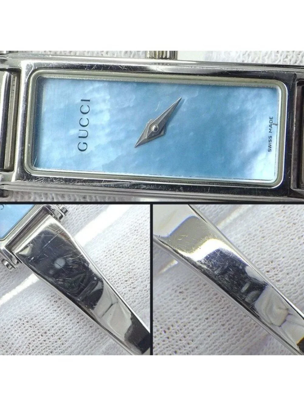Gucci Watch Bracelet Bangle Horsebit Rectangular Blue Mother of Pearl Dial SS